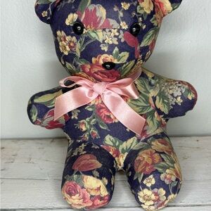 Vtg Handmade Floral Print Teddy Bear - Stuffed Animal Plush - Grannycore Decor